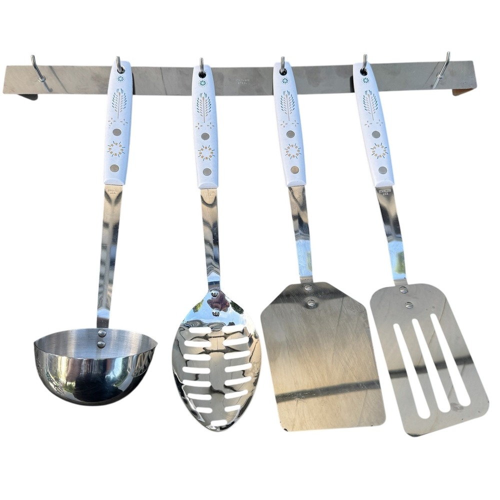 Forgecraft Golden Harvest Stainless Steel Kitchen Utensil Set with Rack Vintage